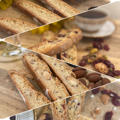 Collage of biscotti with nuts and dried fruits on a wooden board.